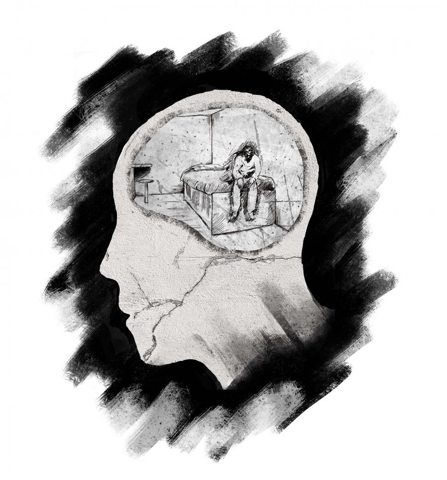 A stylized cross-section of a head with a jail cell in the brain.